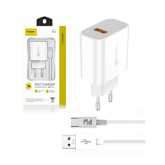 Carregador de Parede USB Rápido Foneng EU46 com Cabo Tipo C 3A Branco